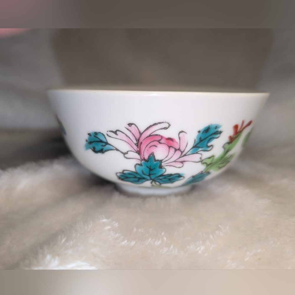 Porcelain Floral Decorative Rice Bowl - Pink & Teal